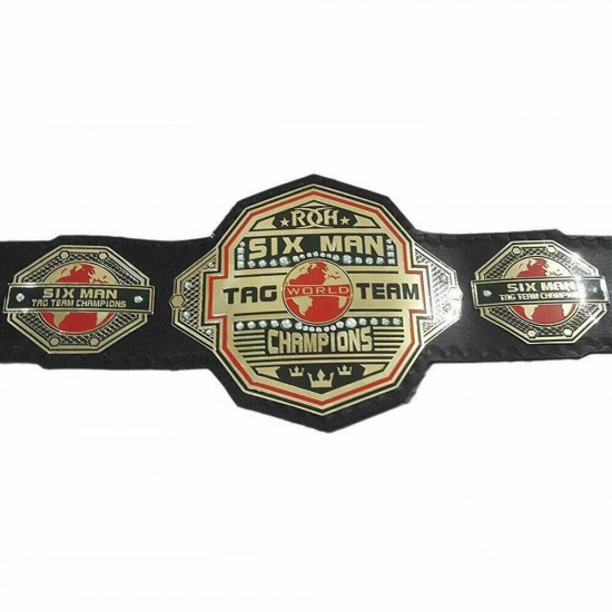 ROH Six Man World Tag Team Champions Wrestling Belt Leather Replica Plates Adult