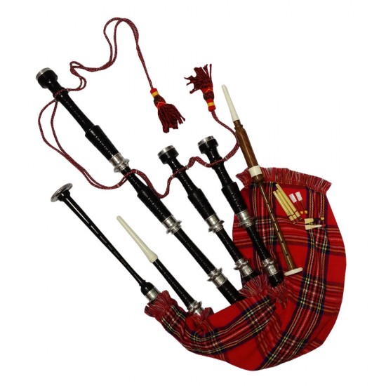 Scottish Highland Bagpipes Royal Stewart Tartan Black Finish Silver Amounts