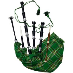 Scottish Highland Bagpipes Irish Tartan Black Finish Silver Amounts