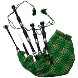 Scottish Highland Bagpipes Irish Tartan Black Finish Silver Amounts