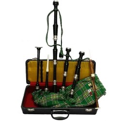 Scottish Highland Bagpipes Irish Tartan Black Finish Silver Amounts with Hard Case